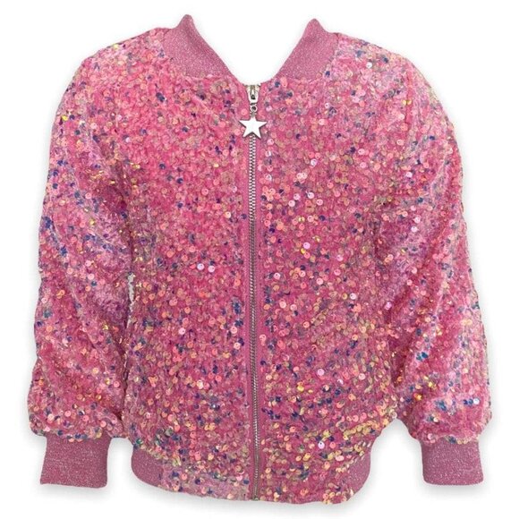 LOLA AND THE BOYS PINK SEQUIN BOMBER JACKET FUZZY LINING SIZE 8 - Picture 1 of 5